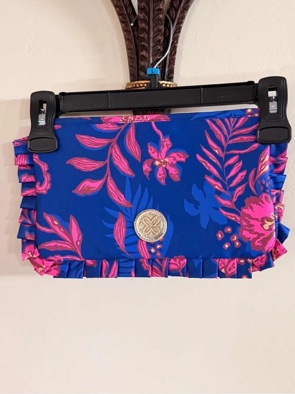 Lilly Pulitzer Floral Ruffle Clutch – Blue & Pink Resort Statement Bag 12”x7.5” - Picture 2 of 5